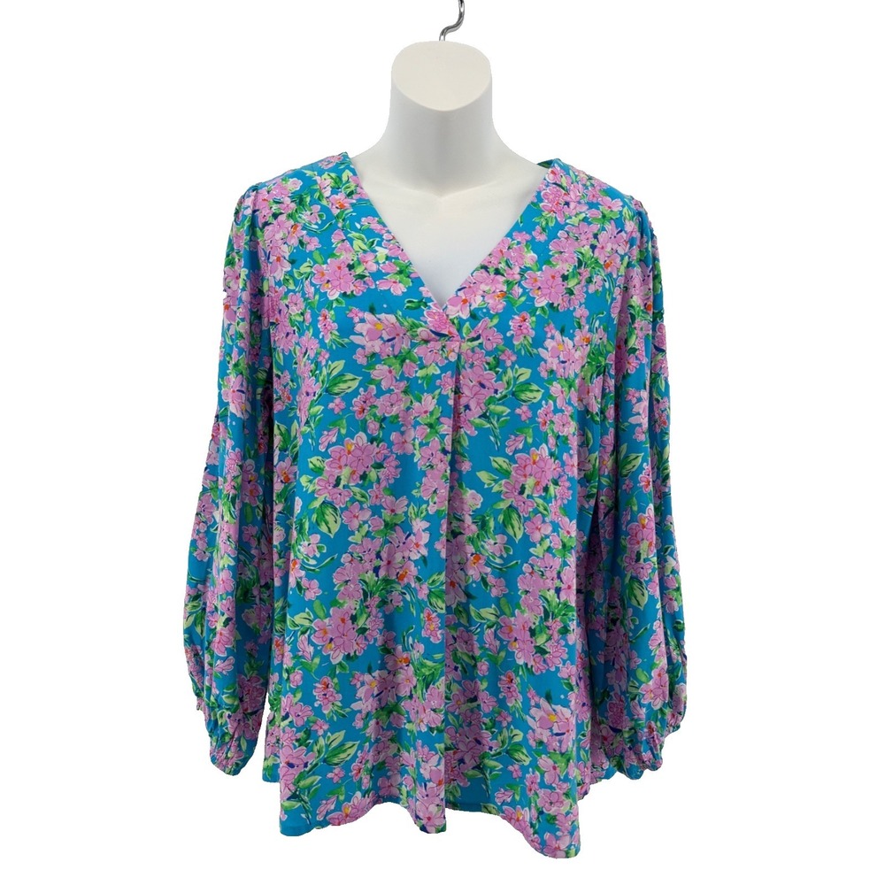 Emily Wonder Floral Blouse Teal Pink V-Neck Long Sleeve Rayon Top Women S